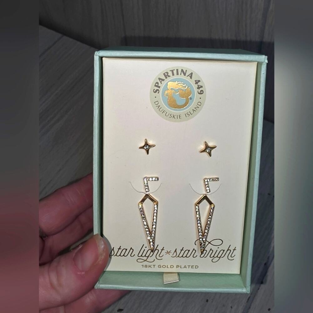 Spartina 449 Gold Geometric Star Light Ear Jacket Earrings Set 18kt Gold Plated
